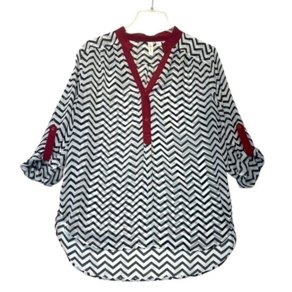 Tacera Women’s Tunic Blouse Size L Black White Red Chevron Semi-Sheer Office Top
